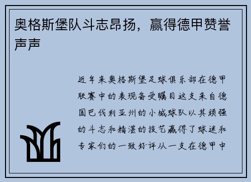 奥格斯堡队斗志昂扬，赢得德甲赞誉声声