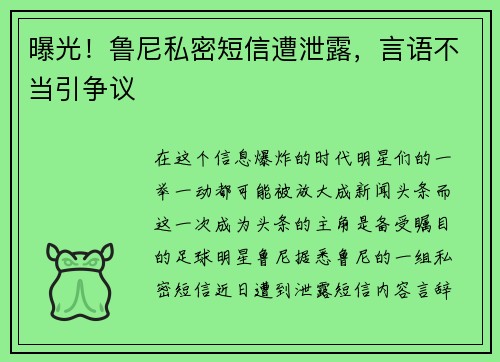 曝光！鲁尼私密短信遭泄露，言语不当引争议